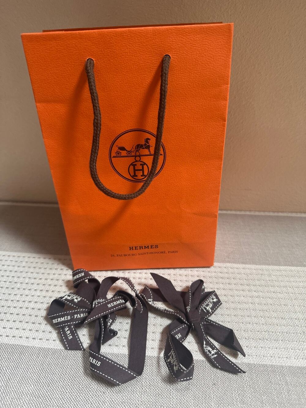Hermes Classic Signature H Logo Orange Shopping Paper Bag and Ribbon